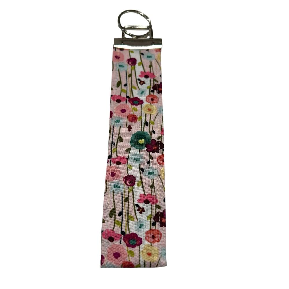 NEW Handmade Wrist Keychain Pink, Red, Blue Floral Pattern Silver Tone Hardware